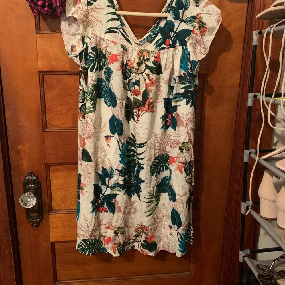 SHEIN cream leaf print dress.